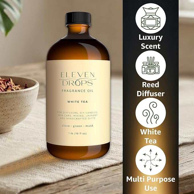 White Tea Fragrance Oil | Clove, Green & Musk Notes | Long Lasting Scent Reed Diffuser Oil for Home, Office, Hotel, Spa, Car & Linen Spray | Pet Friendly IFRA Compliant, 16 oz