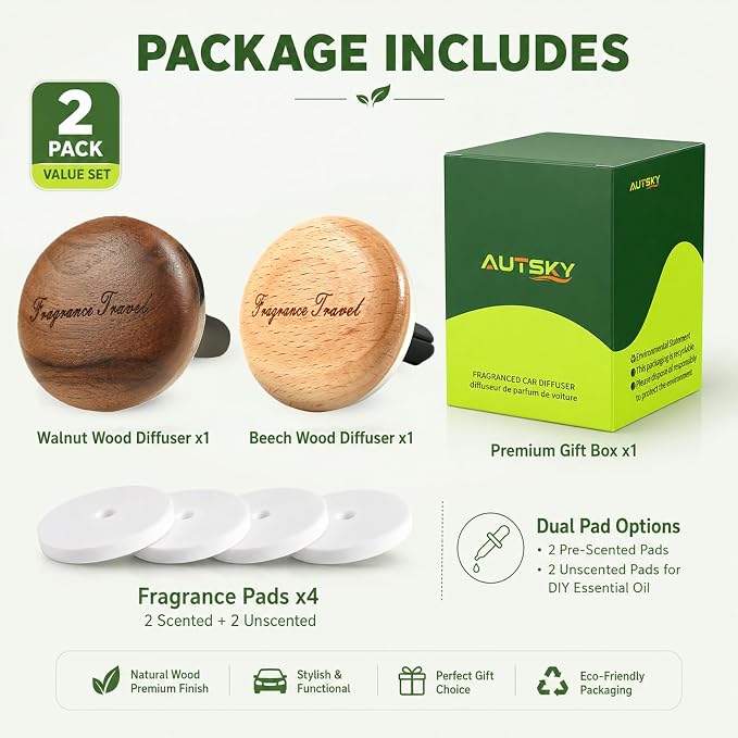2 Pack Wooden Car Air Freshener Vent Diffuser, Walnut & Beech Wood with Zinc Alloy Base, Refillable Essential Oil Vent Clip, 4 Pads (2 Mixed Floral Scented + 2 Unscented), Natural Fragrance.