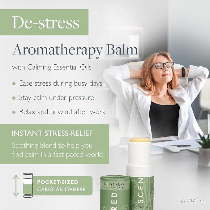Scentered Aromatherapy De-Stress Balm Christmas Stocking Gift for Stress Relief - Essential Oil Roll On with Chamomile & Rosemary - Calming Relaxation - Self-Care Stocking Stuffers for Women