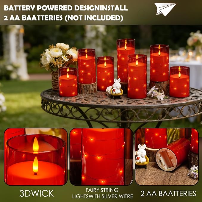 kakoya Flameless LED Candles with Timer 12 Pc Flickering Flameless Candles for Romantic Ambiance and Home Decoration Stable Acrylic Shell,with Embedded Star String，Battery Operated Candles(Red)