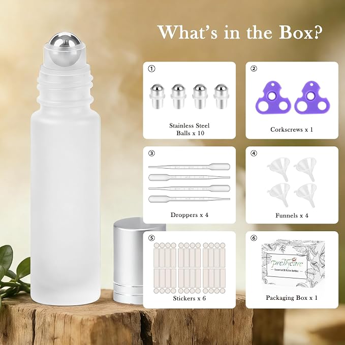 PrettyCare 24 Pack, 10 ml Essential Oil Roller Bottles with Stainless Steel Roller Ball - Refillable Leak-proof Empty Thick Frosted Glass Roll on Bottles with Silver Caps for Travel, Perfume