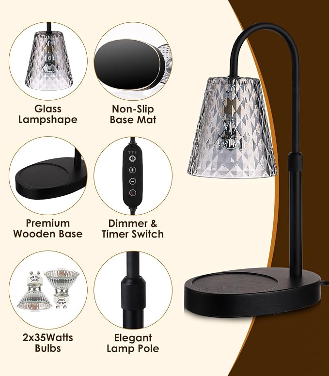 Candle Warmer with Timer - Electric Candle Warmer with Dimmer, Adjustable Height, Vintage Nightstand Lamp Sets (Diamond Pattern)