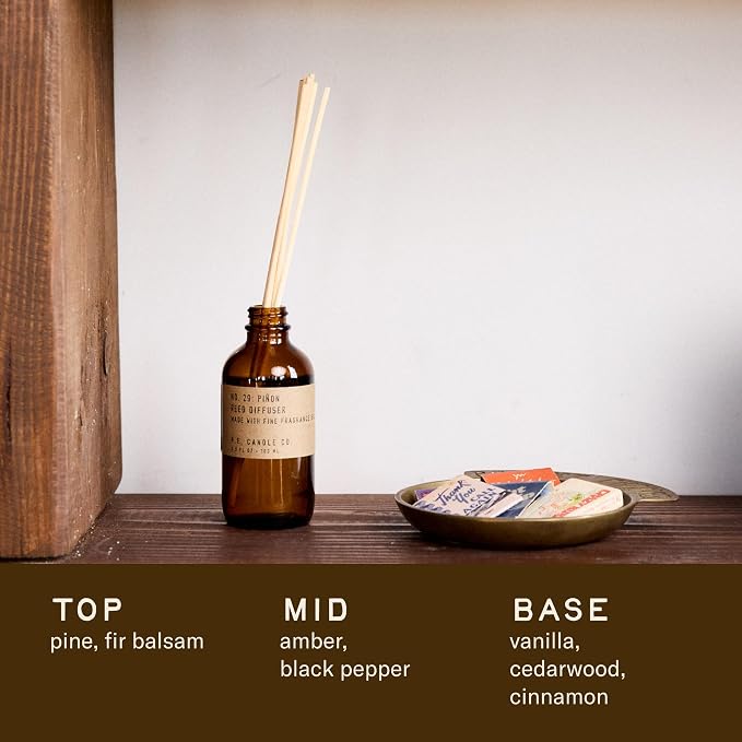 P.F. Candle Co. Piñon Classic Scented Rattan Reed Diffuser (3.5 fl oz) Amber Glass Jar, Fine Fragrance Oil, Flame-Free Fragrance, Made in The U.S.A.