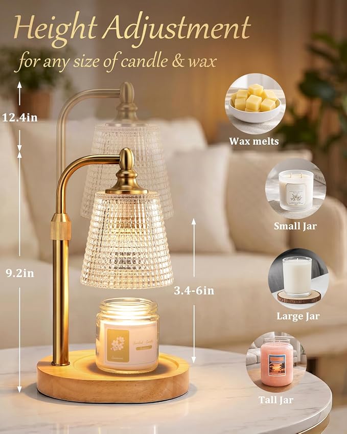 Hong-in Candle Warmer Lamp with Timer Dimmer, Birthday Gifts for Women, House Warming Gifts for New Home, Vintage Room Decor, Adjustable Height Candle Lamp, Wax Warmer for Scented Jar Candles, Clear