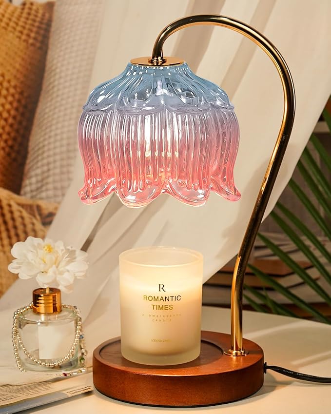 Funistree Flower Candle Warmer Lamp with Timer, Dimmable Candle Lamp Warmer, Christmas Birthday Gifts for Women Mom Her, Housewarming Home Decor, Lotus Wax Warmer for Yankee - Blue&Pink 10 Inch