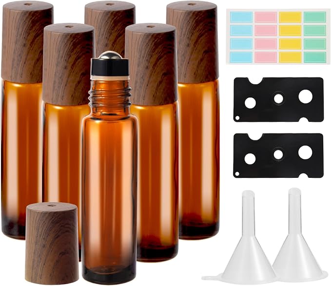 Hyber&Cara 10ml Glass Roll-on Bottles – 6-Pcs Essential Oil Roller Bottles with Stainless Steel Roller-Balls, Perfect for Fragrance & Aromatherapy (Includes 2 Bottle Opener, 1 Sticker, and 2 Funnel)
