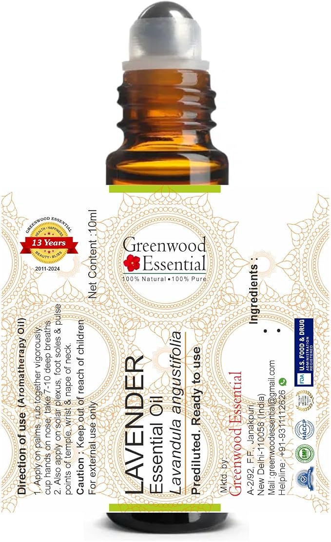 Greenwood Essential Lavender Essential Oil (Lavandula angustifolia) Pre Diluted Ready to Use Roll-on Blend for Aromatherapy and Topical Skin Application for Kids and Adults 10ml (0.33 oz)