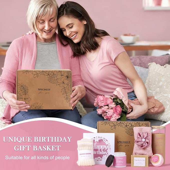 Birthday Gifts for Women, Happy Birthday Gift Set for Sister, Unique Gift Baskets for Mom, Funny Gift Ideas, Gift Box for Wife Best Friends Daughter Coworkers Aunt Teacher(Pink)