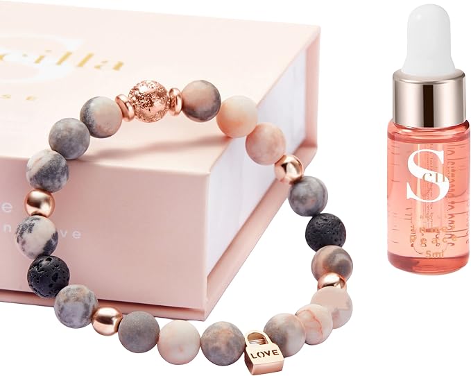 Aromatherapy Bracelet and Lavender Essential Oil Gift Set, Chakra Crystal Beaded Bracelets for Women, Pink Zebra Jasper Love Lock and Lava Diffuser, Self Care Mindfulness Birthday Gifts