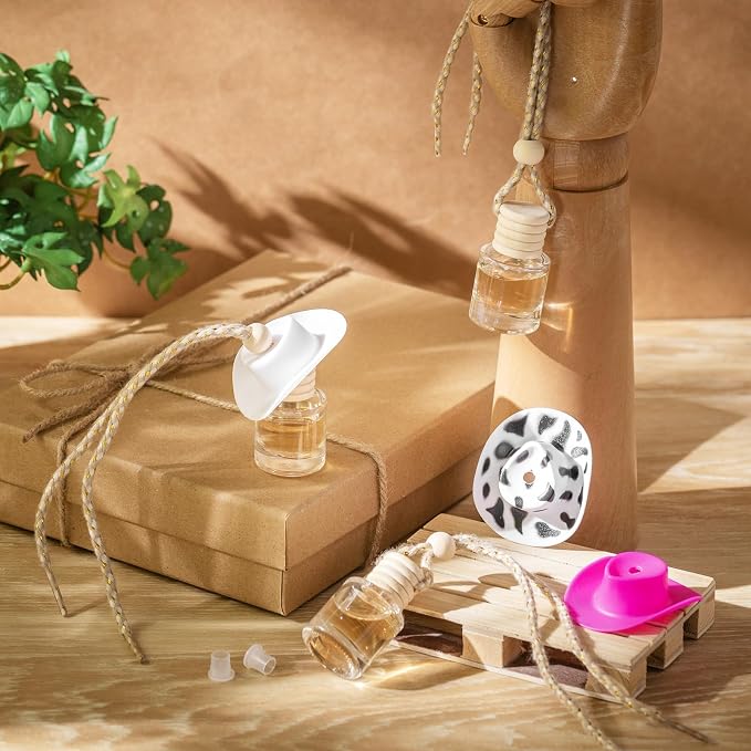 3 Pieces Cowboy Hat Air Freshener Hanging Cow Diffuser Bottles Western Country Refillable Empty Glass Perfume Bottle Car Interior Rear View Mirror Accessories(White, Spots, Pink,Cow)