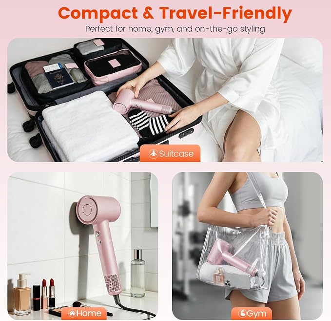 Hair Dryer, 160,000 RPM High-Speed Ionic Blow Dryer with Brushless Motor for Fast Drying, 500 Million Ions Frizz Control, Low Noise Hairdryer with Magnetic Diffuser & Nozzle for Curly Hair Home Travel