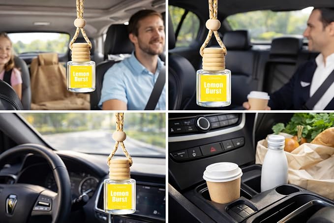 Hanging Car Air Freshener 2 Pack, Lemon Scent Essential Oil Car Diffuser Bottle, Refillable Hanging Auto Aromatherapy Freshener, Long Lasting Odor Eliminator for Car, Truck, SUV