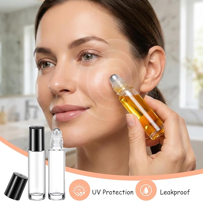 85 Pcs 10ml Clear Empty Essential Oil Roller Bottles Leakproof Glass Roll on Bottles with Stainless Steel Balls with 4 Droppers for Travel, DIY Perfume, Lip Gloss