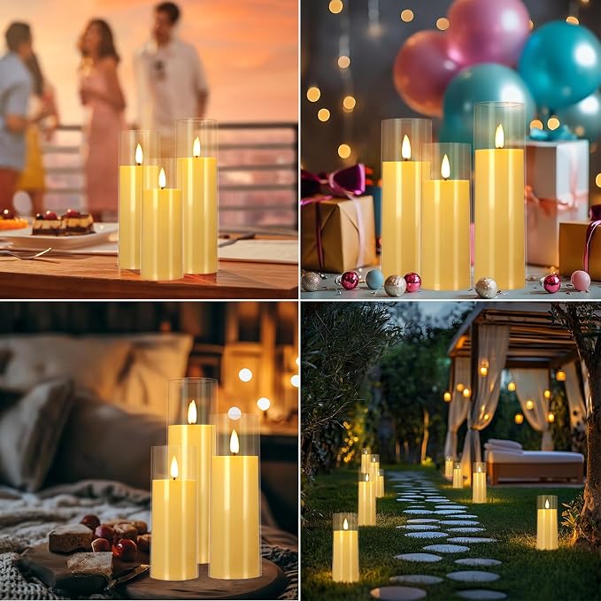 YOROXRG Flickering Flameless Candles Battery Operated with Remote and 2/4/6/8 H Timer Plexiglass LED Pillar Candles with Realistic Moving Wick for Home Decor Pack of 48 (D2.2 xH 5" 6" 7") (Ivory)