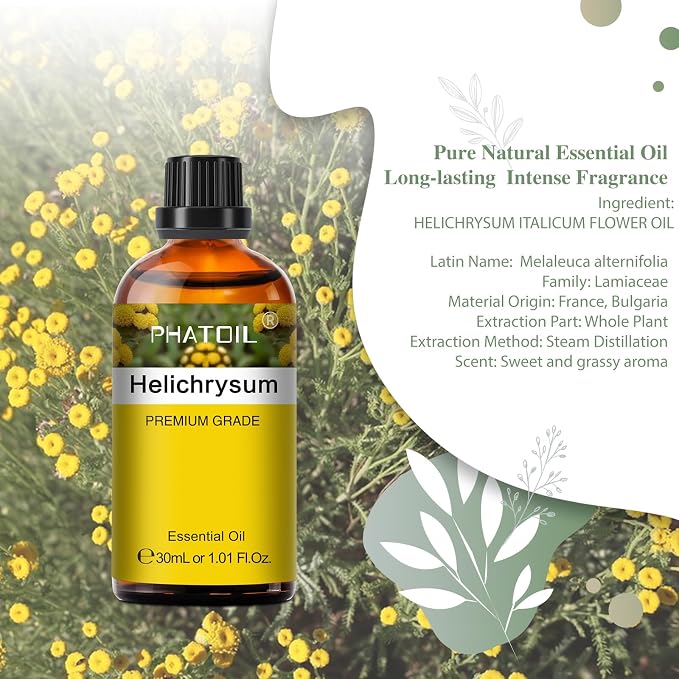 Helichrysum 1.01fl.oz Essential Oil, PHATOIL Pure Aromatherapy Oils for Diffuser, Humidifier, Perfect for DIY Soap, Candle, Bath Bombs Making(30ml)
