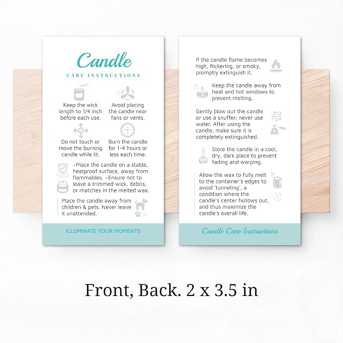 100 pack - Premium Handmade Candle Care Instruction Cards White Mint, 2x3.5 in, Small Business | Soy Bees Wax Melt, Candle Makers, Making Supplies Kit Set, Containers, Jars, Pot