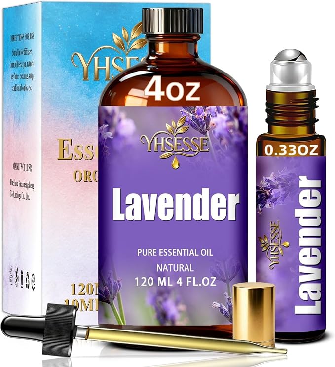 Lavender Essential Oil, Lavender Oil 4 Fl Oz 120ml for Diffuser Yoga Soap & Candle Making – with 0.33 Oz Roller Ball & Dropper YHSESSE Essential Oils