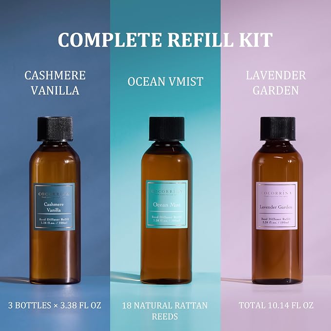 COCORRÍNA Reed Diffuser Set, 10.2oz Scented Oil Refill 3 Pack, Cashmere Vanilla, Ocean Mist, Lavender Garden, Long Lasting Oil Diffuser Refill with 18 Sticks for Bathroom & Bedroom