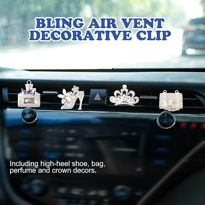 Rislobx 4PCS Bling Air Freshener Vent Clip, Crystal Diamond High Heel Shoe Bag Crown Perfume Bottle Car Diffuser Vent Clip Cute Bling Accessories Decoration for Women (Silver)