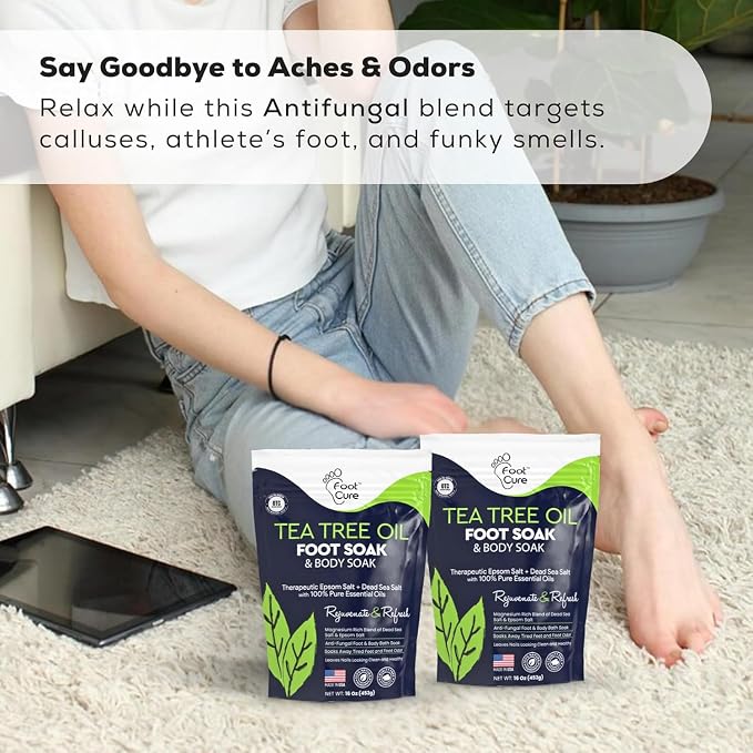 FOOT CURE Tea Tree Oil Foot Soak with Epsom Salt - Best Toenail Fungus Treatment, Athletes Foot & Softens Calluses - Soothes Sore & Tired Feet, Fungal Toe, Foot Odor Scent, Spa Pedicure (Pack of 2)