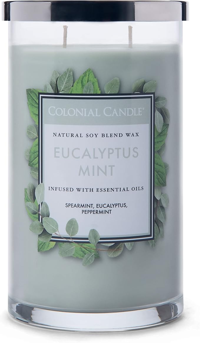 Colonial Candle Eucalyptus Mint Scented Jar Candle, Classic Cylinders Collection, 2 Wick, Green, 19 oz - Up to 120 Hours Burn