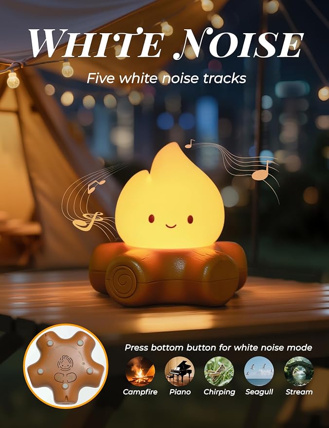 WANIDEA Fake Campfire Lamp, Ambient Lighting, White Noise Soothes The Mood, Portable Rechargeable Night Light, Candlelight Mode Mood Lighting, Bedroom, Desktop, Camping Decor, Cute Gifts