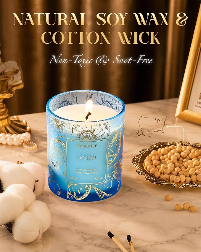 M&SENSE Natural Soy Wax Ocean Scented Candles, 8.1oz Non Toxic Soy Candle 42-Hour Slow Burning, Summer Fresh Smelling Candle for Bathroom Decor, Stress Relief Aromatherapy Candle Gifts
