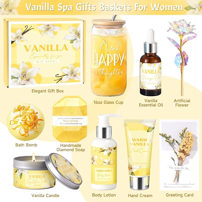 Birthday Gifts for Women, Relaxing Spa Gift Baskets for Women, Warm Vanilla Self Care Package Gifts, Mothers Day Bath and Body Inspirational Gift Set for Mom, Her, Wife, Best Friend, Sister, Coworker
