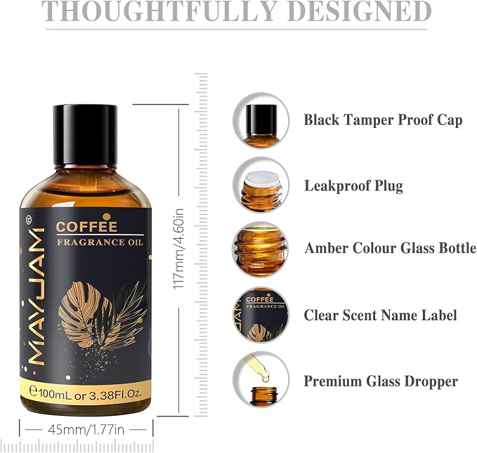 MAYJAM 100ML/3.38FL.OZ Coffee Fragrance Oils with Glass Dropper, Essential Oils for Diffusers, Long Lasting Scented Oils for Soap Candle Making