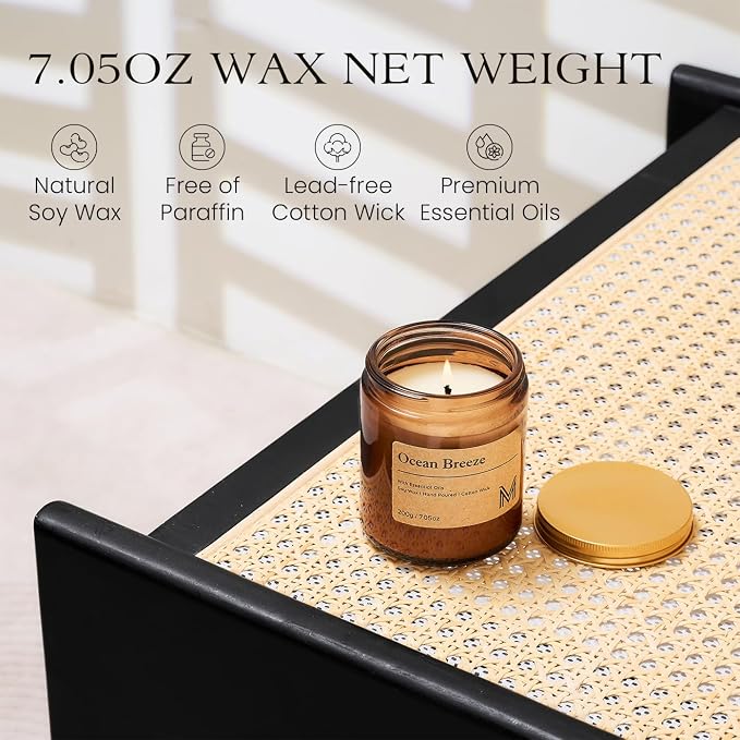 M&SENSE Oceanic Breeze Scented Small Candle, 7.5Oz Aromatherapy Candle for Home Fragrance, Soy Wax Candles Gift for Birthday, Housewarming, Amber Jar Candle for Stress Relief, Meditation, Yoga