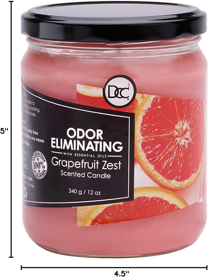 Grapefruit Zest Odor Eliminating Highly Fragranced Candle - Eliminates 95% of Pet, Smoke, Food, and Other Smells Quickly - Up to 80 Hour Burn time - 12 Ounce Premium Soy Blend