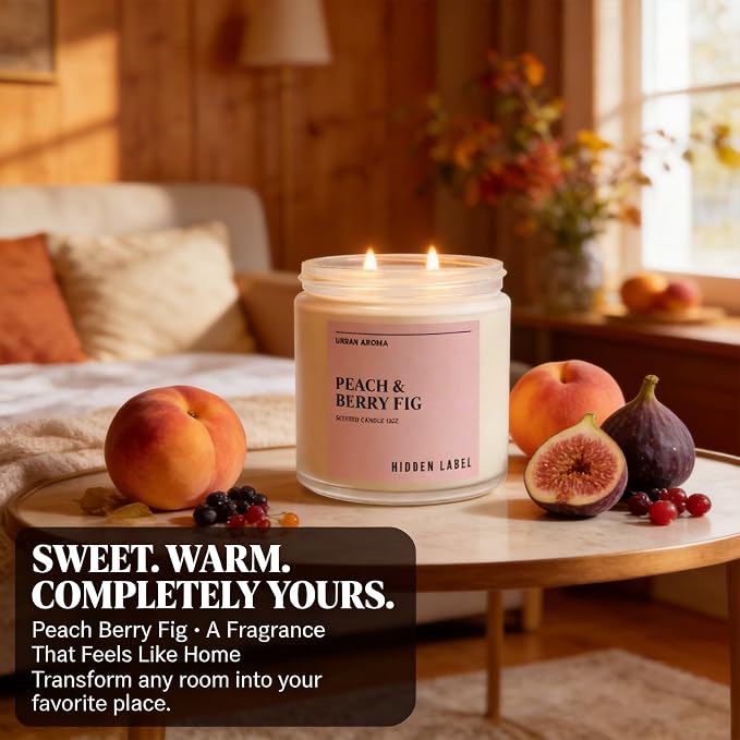 Hidden Label Peach Berry Fig Soy Candle, 12oz 2-Wick, 70H Fruity Warmth | Non-Toxic Natural Wax, Paraben & Phthalate-Free, Clean Burn | Elegant Home Decor & Gift-Ready | Stress Relief & Mood Uplift