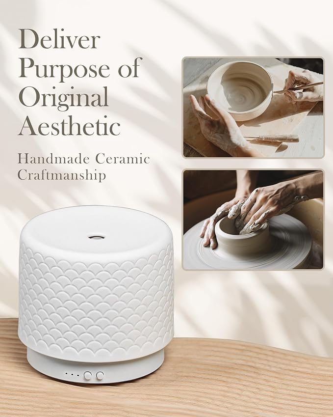 Essential Oil Diffuser - 280ml Ceramic Diffuser for Large Room & Commercial Use, 2.4MHz Aromatherapy Diffuser with Cool Mist Humidifier & Night Light, Ideal for Bedroom, Office, Yoga, Spa, Gifts
