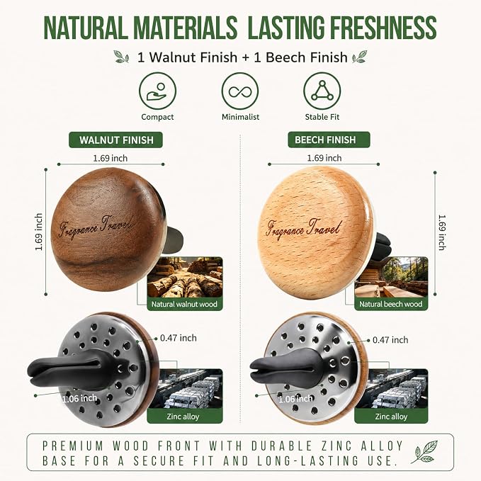 2 Pack Wooden Car Air Freshener Vent Diffuser, Walnut & Beech Wood with Zinc Alloy Base, Refillable Essential Oil Vent Clip, 4 Pads (2 Mixed Floral Scented + 2 Unscented), Natural Fragrance.