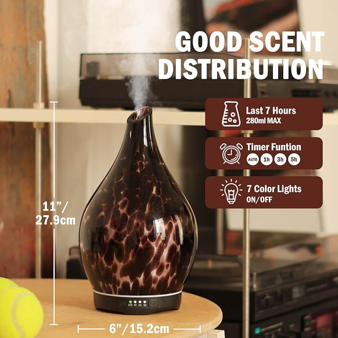 Porseme 280ml Essential Oil Diffuser Hand-Blown Glass Aroma Diffusor, Aromatherapy Unltrasonic Cool Mist deffuser, 7 Color Changing, Waterless Shut-Off, Timer Function for Home Office(Lava)
