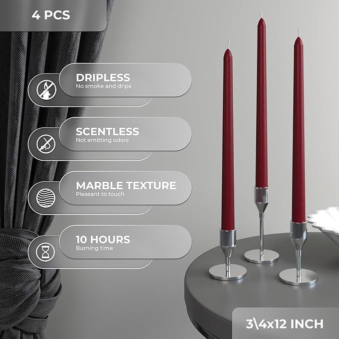 CANDWAX 12 inch Burgundy Taper Candle Pack of 4 - Unscented Smokeless Dripless Candlesticks - Candle Sticks for Party Décor, Christmas Home Decor, Dinner Table Centerpieces - Christmas Taper Candles