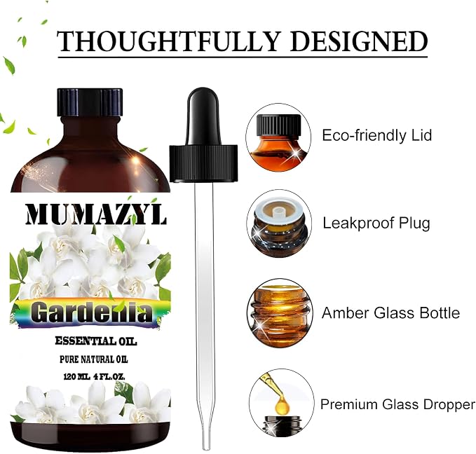 Gardenia Essential Oil, Gardenia Oil 4 Fl Oz 120ML for Diffuser Humidifier Yoga Cleaning DIY Candle Soap Making MUMAZYL Essential Oils