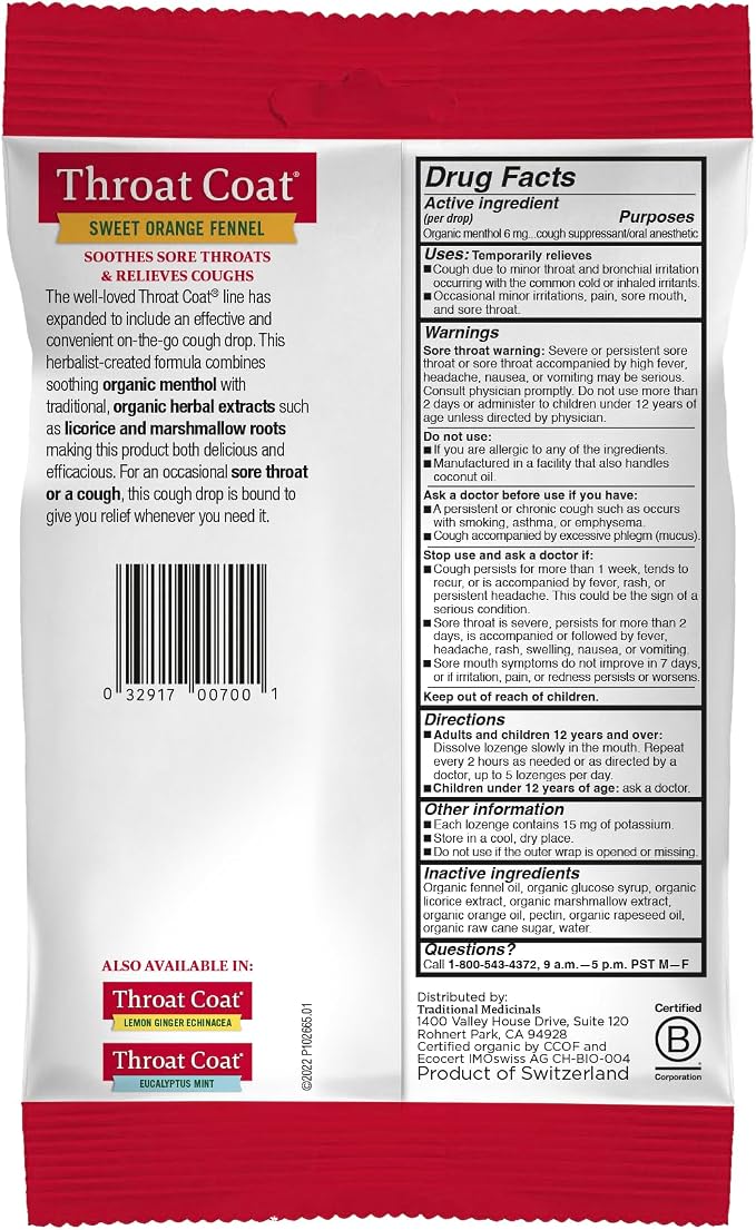 Traditional Medicinals Throat Coat Organic Cough Drops, Sweet Orange Fennel with Menthol, Soothes Sore Throats & Relieves Coughs, 16 Count (Pack of 2)