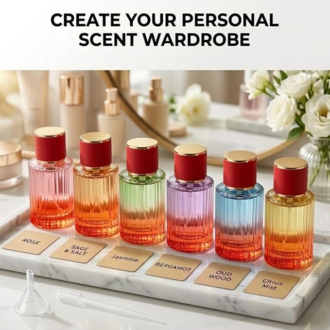 Empty Perfume Spray Bottles Set, Ribbed Glass Atomizer Refillable Portable Glass Atomizers with Funnel and Dropper, Fine Mist Spray for Women Men Dispenser Fragrance Container Set (6Pcs, Red)