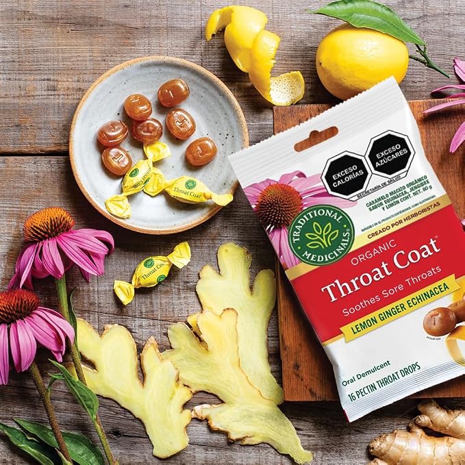Traditional Medicinals Organic, Throat Coat Lozenges, Lemon Ginger Echinacea - Herbal Cough Drops, Helps Soothe Sore Throat - Non-GMO, Stimulant-Free - 16 Count (Pack of 12)
