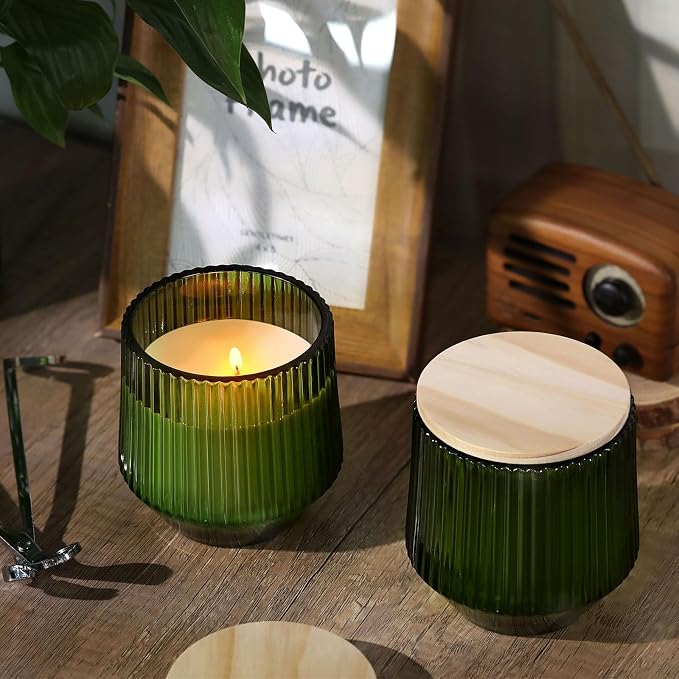 simeitol 13 OZ Candle Jar for Making Candles - 6 Pack Green Candle Jars, Ribbed Glass Candle Jars Bulk, with Bamboo Lids and Candle Wick Kit, Candle Making Kit for Making Candle Containers