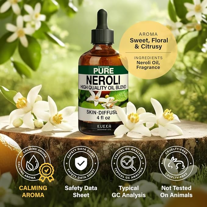 100% Pure Neroli Oil - 4 Fl Oz Neroli Essential Oil for Hair, Skin, Diffuser, Aromatherapy & DIY Soap Making Scent