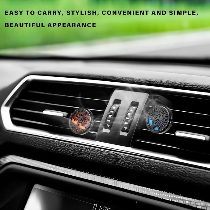 2 PCS 30mm Car Diffuser Vent Clips, Tree of Life Aromatherapy Essential Oil Diffuser Car Clip with 12 Felt Pads, Removable Stainless Steel Air Freshener Lockets for Women Men (Black)