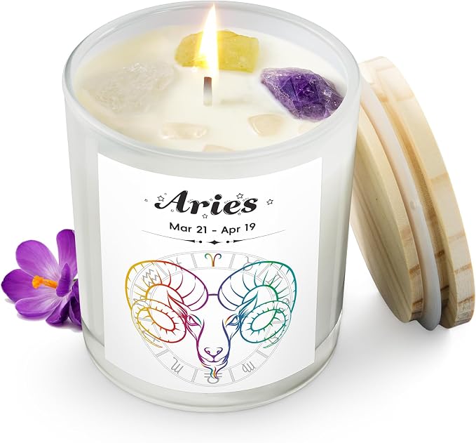 Aries Gifts for Women, Zodiac Aries Candle with Healing Crystals,Aries Birthday Gifts for Women, Mom, Sister, Friends, Meditation, Yoga, Relaxation (7oz)