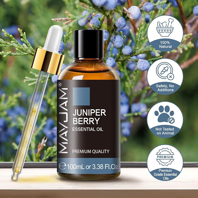 Juniper Berry Essential Oil, MAYJAM Pure Juniper Berry Oil Juniper Oil for Diffusers, Soap Candle Making, 3.38FL.OZ/100ML Essential Oils with Premium Glass Dropper