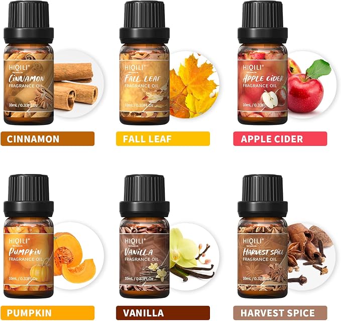 HIQILI Spice Fragrance Oil, Scented Oil 6x10ml for Candle Making Soap Slime, Fall Essential Oils for Diffuser Home, Cinnamon Pumpkin Vanilla Apple Cider Harvest Spice Fall Leaf, Christmas (Pack of 2)