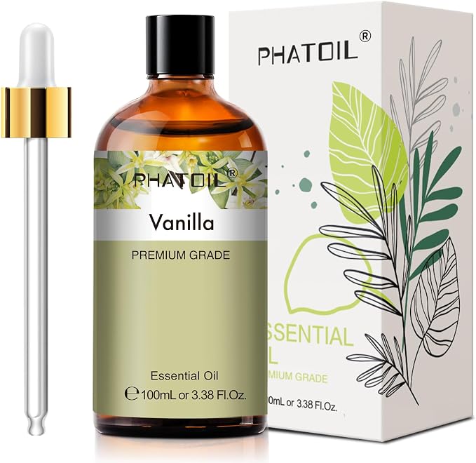 PHATOIL 100ML Vanilla Essential Oil, Huge 3.38fl.oz Bottle Vanilla Oil, Pure Aromatherapy Essential Oils for Diffuser, Humidifier, Scented Oils for Soap, Candle Making