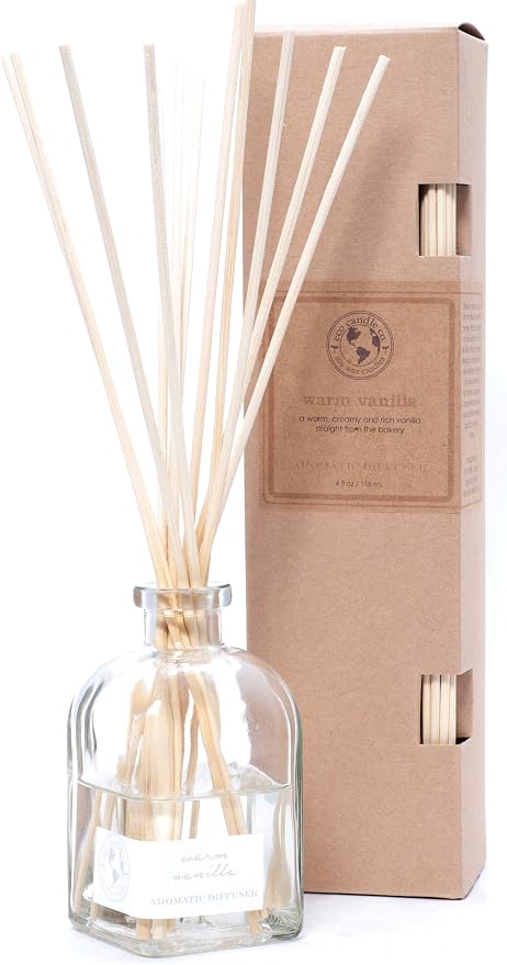 ECO CANDLE CO. Reed Diffuser Set, Warm Vanilla, 4 oz. - Scents of Rich Vanilla - Premium Phthalate Free Fragrance and Essential Oil Blends, Clear Glass, 12 Reed Sticks, Recycled Kraft Box