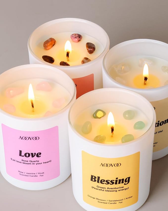 AOOVOO Fathers Day Candles Set for Dad - 4 Pack Candles for Home Scented, Aromatherapy Candle with Crystals, Gratitude Rhodonite/Appreciation Clear Quartz/Blessing Aventurine/Love Rose Quartz