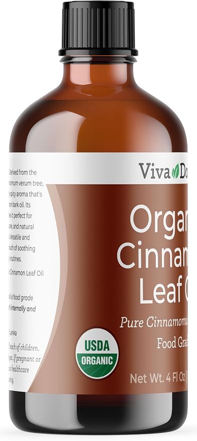 Viva Doria Cinnamon Leaf Essential Oil, USDA Certified Organic Cinnamon Leaf Oil, 100% Pure, Natural Essential Oil, Undiluted, for Aromatherapy | Food Grade, 118 mL (4 Fluid Ounce)